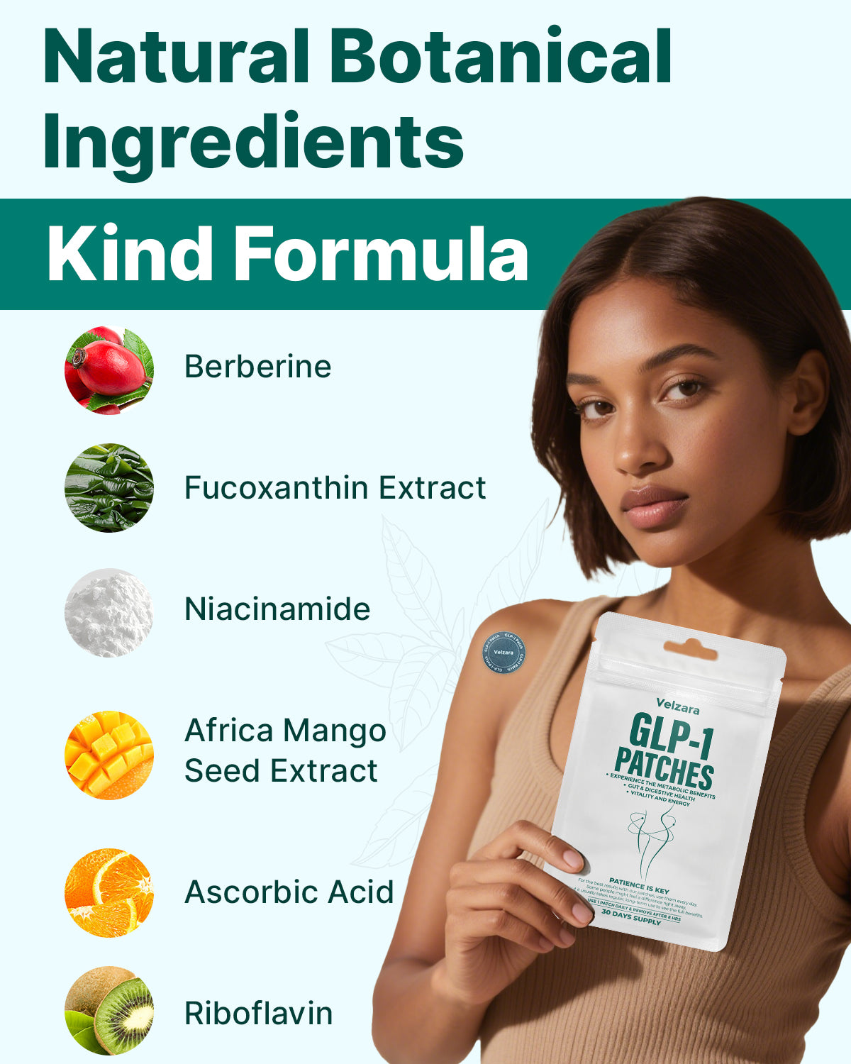Velzara Botanical GLP-1 Patches for Daily Body Harmony | Natural Ingredients Including Berberine, Pyridoxine, Fucoxanthin Pomegranate 30 Patches